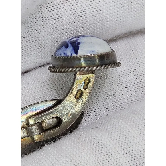 Vintage 835 Silver & Ceramic [Windmill/Countryside] Cufflinks (Tarnished) - Picture 6 of 7
